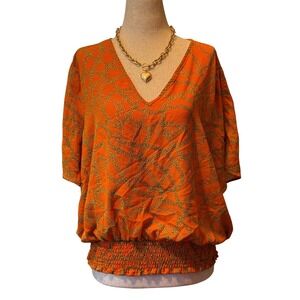 Michael Kors Orange Chain Link Print V-Neck Smocked Hem Blouse XL
